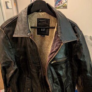 Vintage Gap Leather Bomber Jacket Sherpa-lined - Distressed - Men’s Large